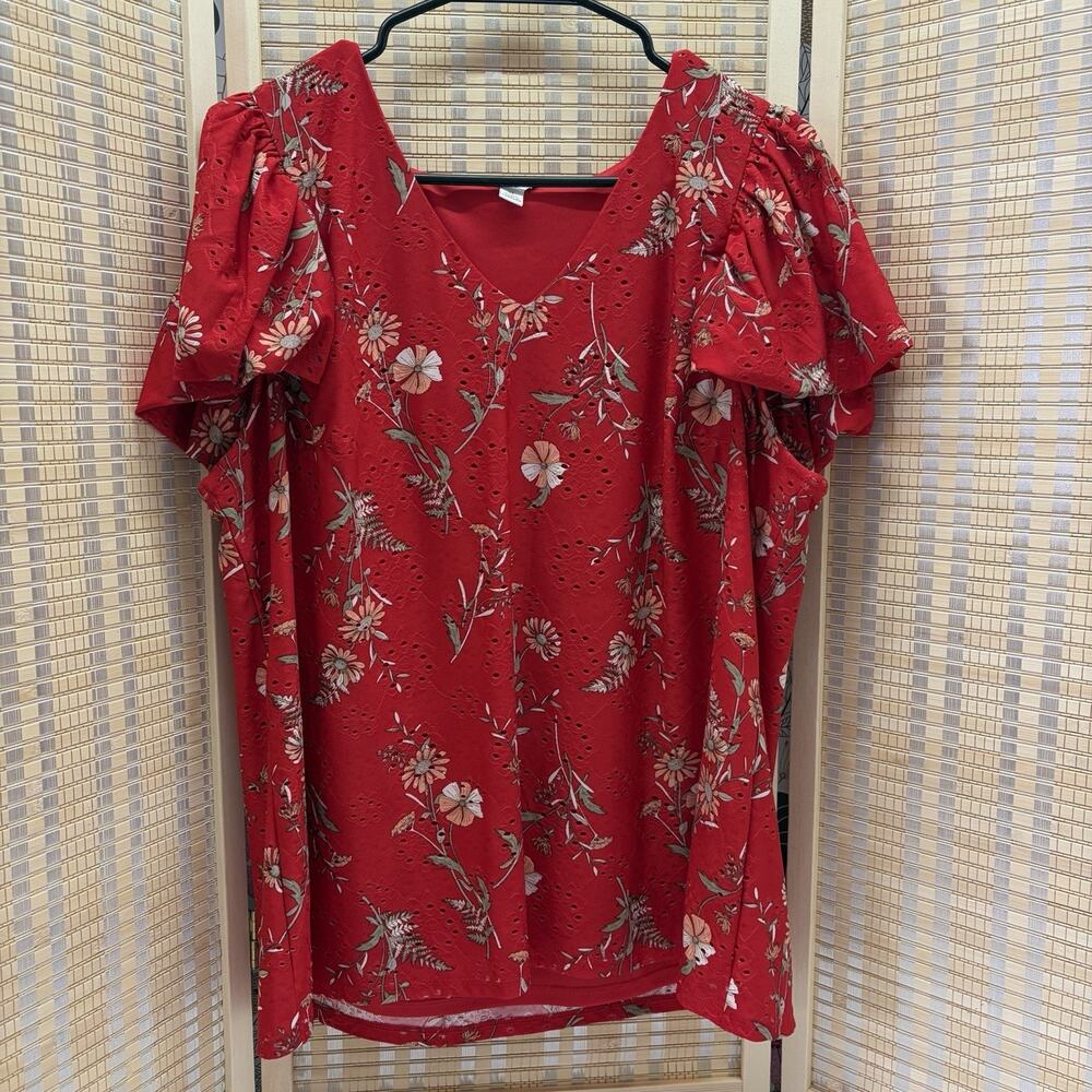 Cato Top Women's XL Red Floral Eyelet Lined V-Neck